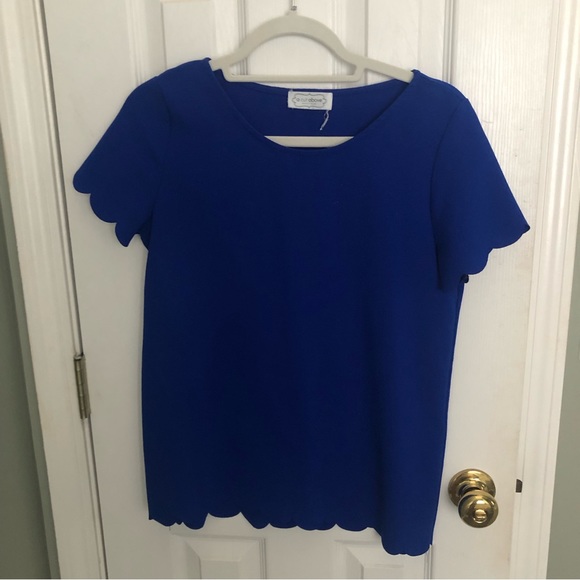 Royal blue polyester blend blouse with scallop sleeve and hem, size S - Picture 2 of 4